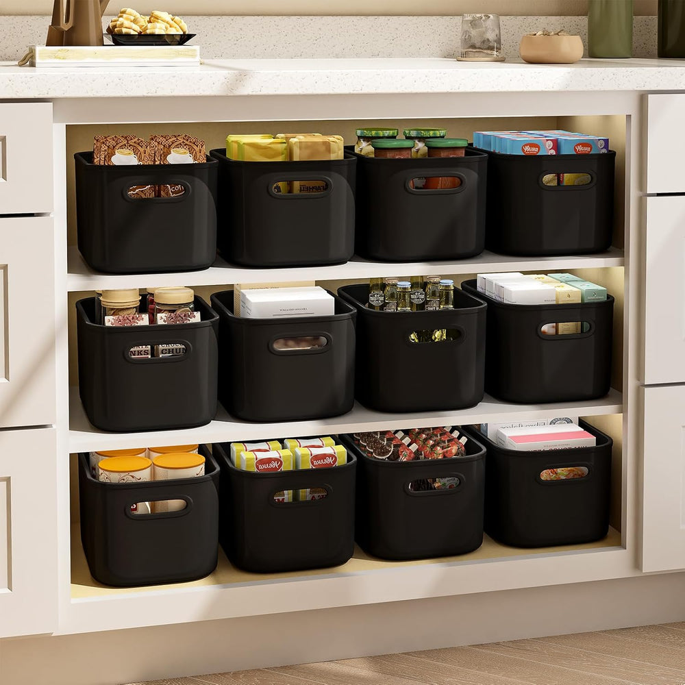 12 Pack Black Storage Bins for Shelves, Plastic Storage Containers for Organi...