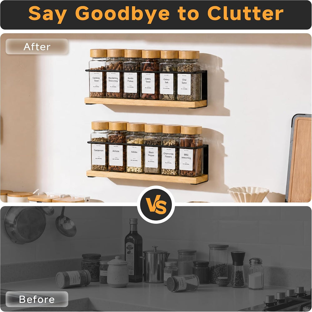 2-Tier Wall Mount Spice Rack Organizer with 12 Glass Jars, Screw/Adhesive Mou...