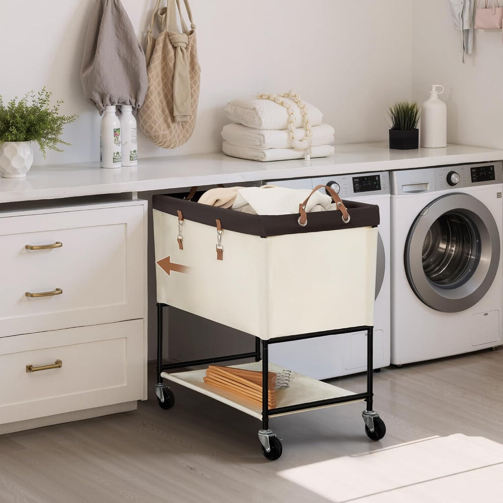 StorageWorks Laundry Cart, 2 Tier Rolling Basket with Wheels, 46 Gal, Beige