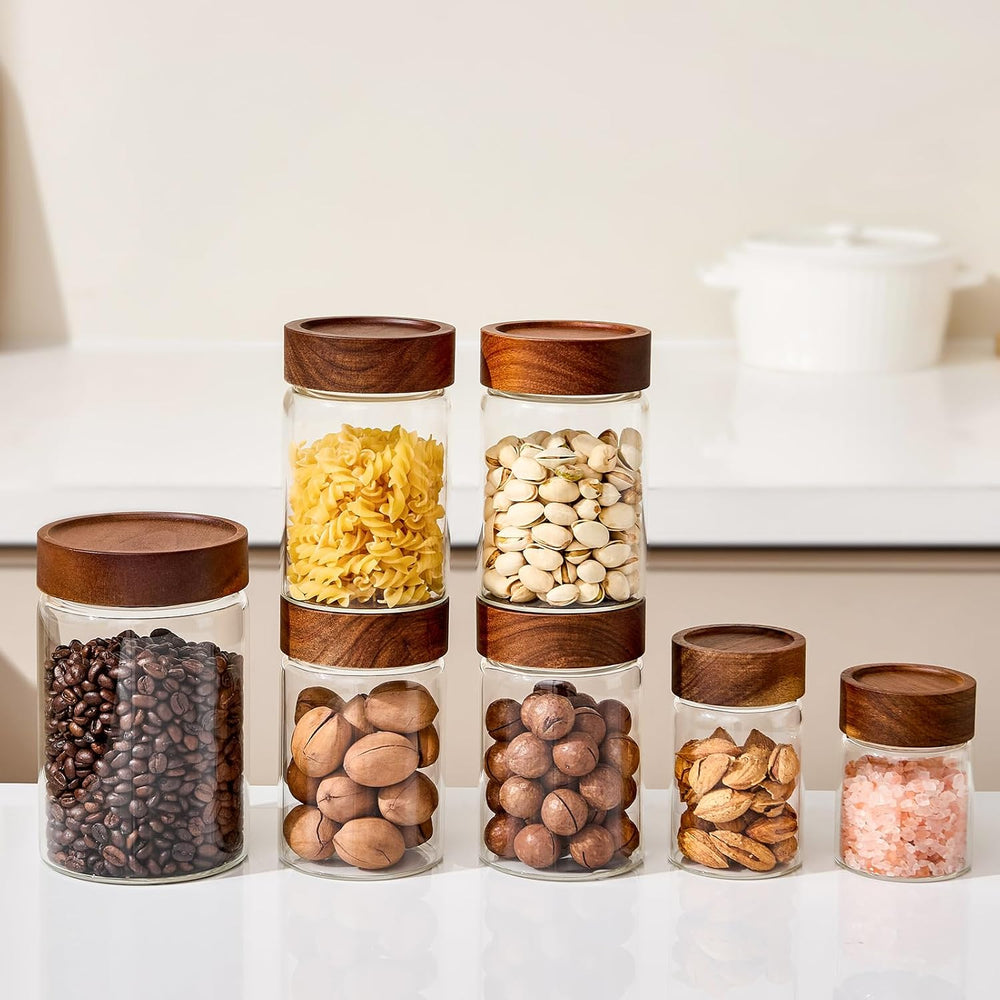 Sweejar 10-Piece Glass Storage Jar Set with Acacia Wood Lids, 5/8/16/32 oz, T...