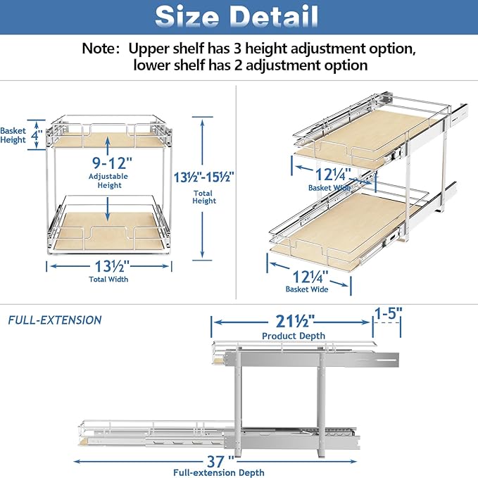ROOMTEC 2 Tier Individual Pull Out Cabinet Organizer 13½"W x 21½"D,...