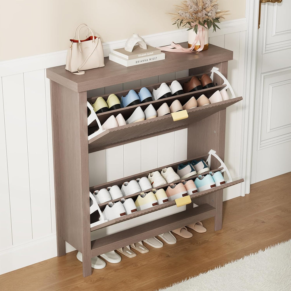 Fluted Shoe Cabinet with 2 Flip Drawers, Slim Entryway Storage