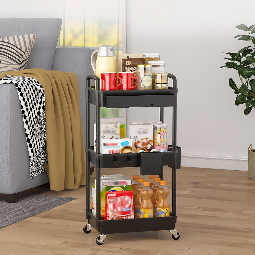 3 Tier Rolling Utility Cart with Drawer, Plastic Storage Organizer Rolling Ca...