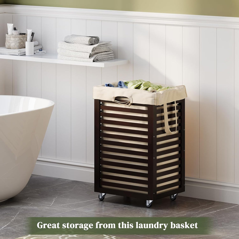 Bamboo Rolling Laundry Hamper 85L Clothes Storage Pin with Removable Liner
