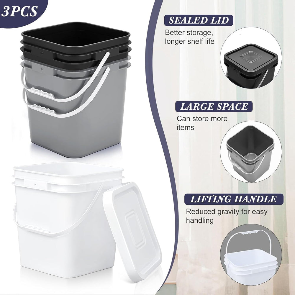 Mumufy 3 Pcs 3.5 Gallon Square Food Grade Bucket with Lid, Black,Gray,White