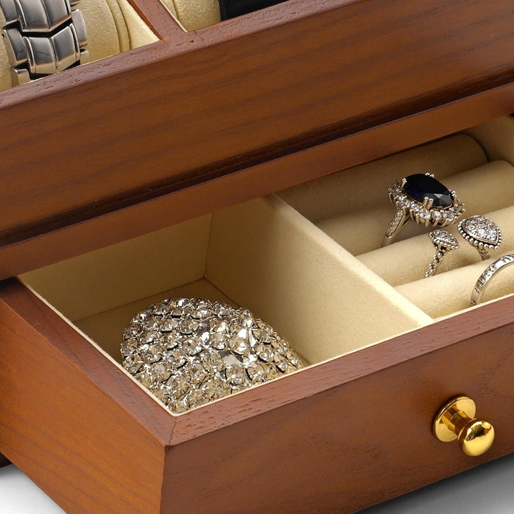 Solid Wood 3-Slot Watch Display Case with Acrylic Lid & Drawer