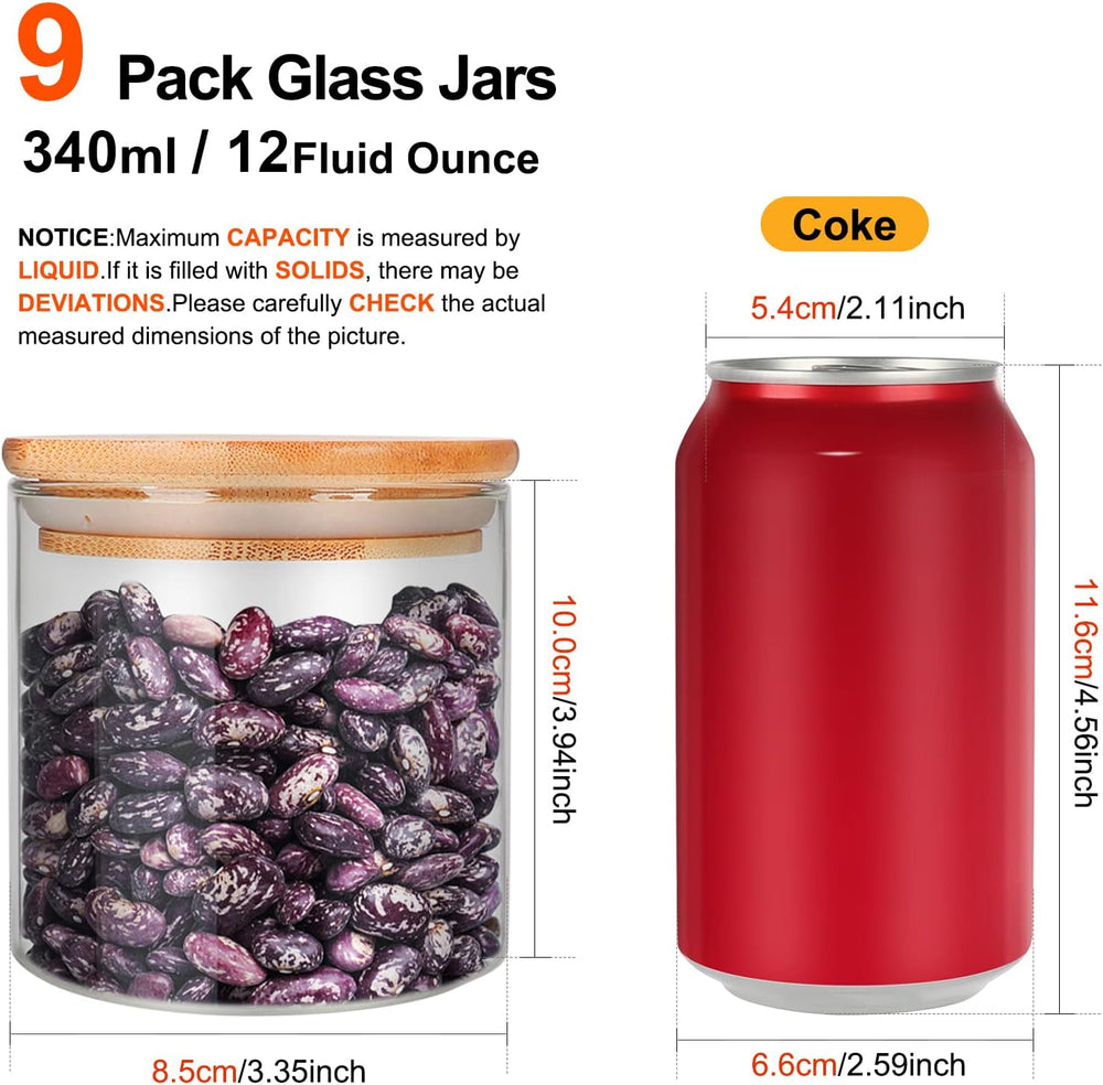 DHSBTLS 9 Pack 12 oz Glass Jars with Airtight Bamboo Lids for Kitchen