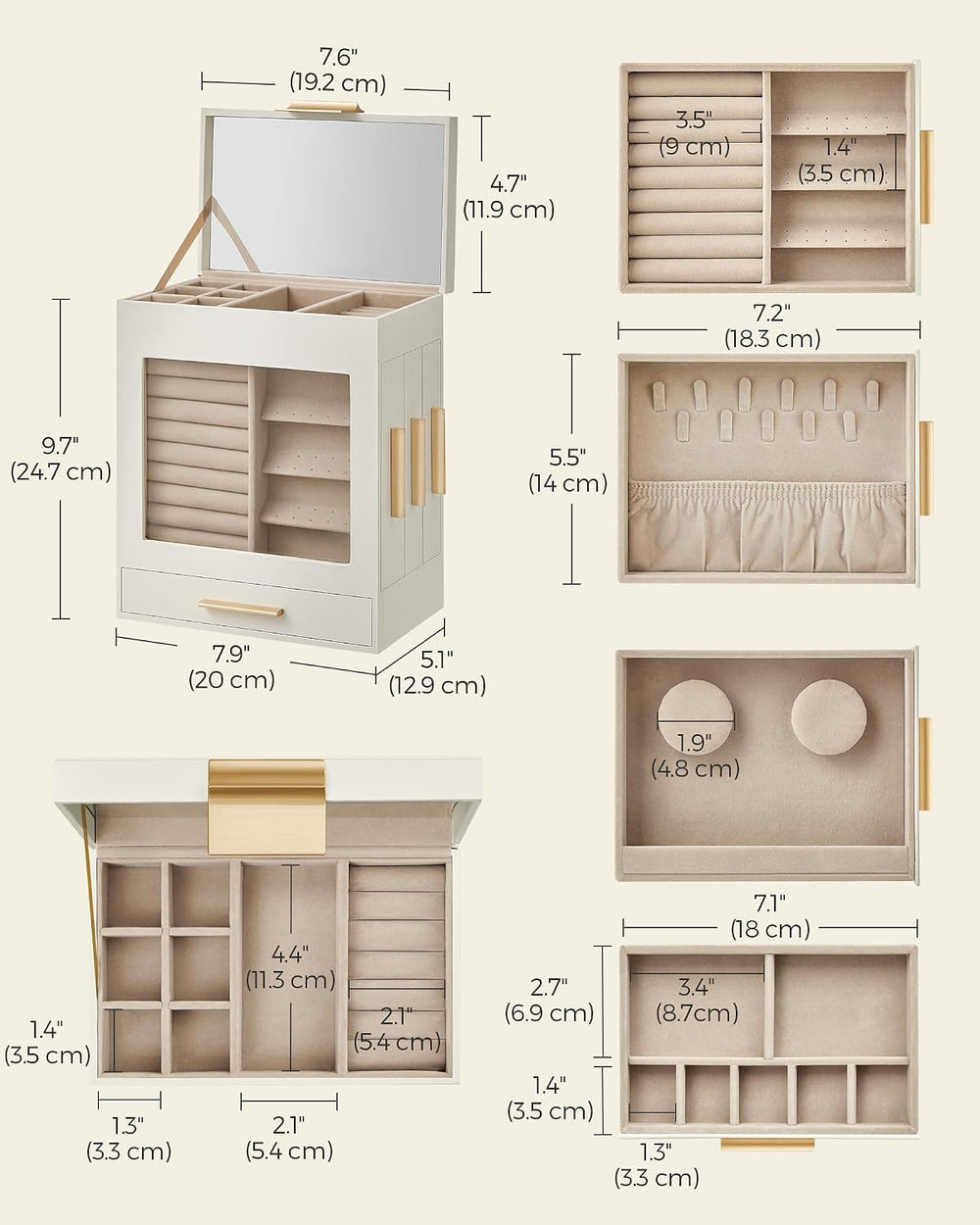 SONGMICS 5-Layer Jewelry Box with Glass Window, 3 Side Drawers