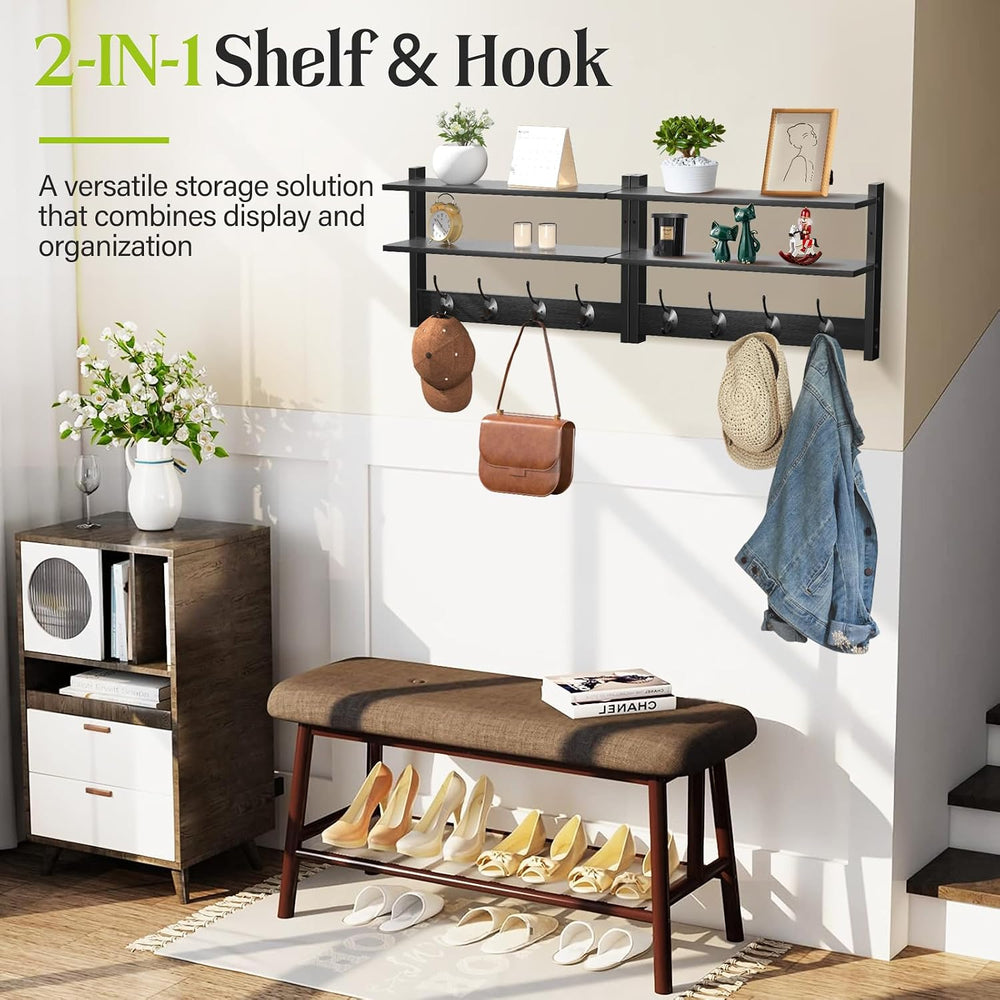 2 Tier Coat Rack Wall Mount with Shelf, 33" Wall Shelf with Hooks, Entry...