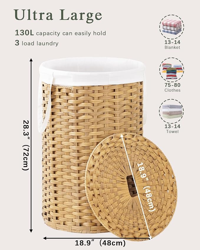 Large Laundry Hamper Laundry Basket Round 34.3 Gal Handwoven Wicker Laundry