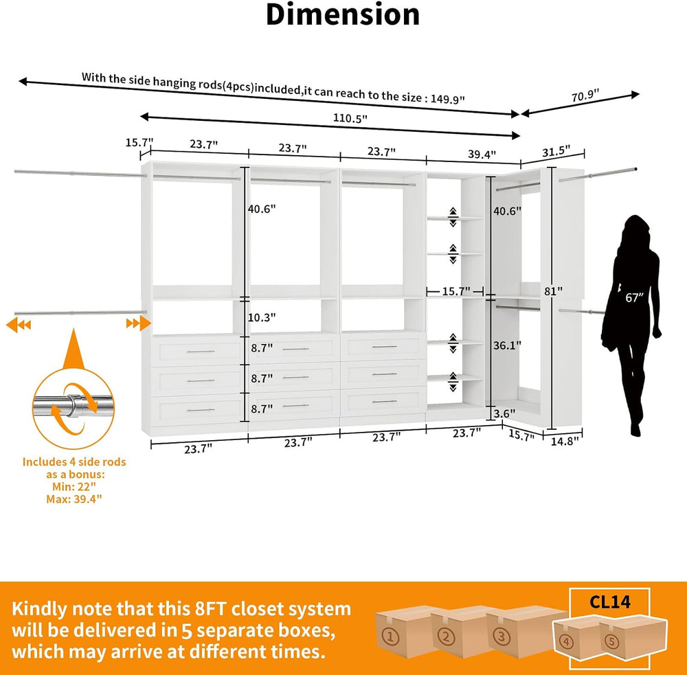 Closet System with 9 Drawers, Corner Closet Organizer Systems with 9 Shelves ...