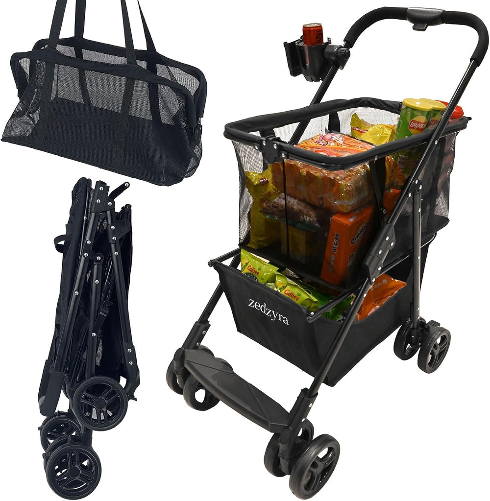 Upgraded Foldable Shopping Cart with Wheels - Heavy Duty Grocery Cart, 80lbs ...