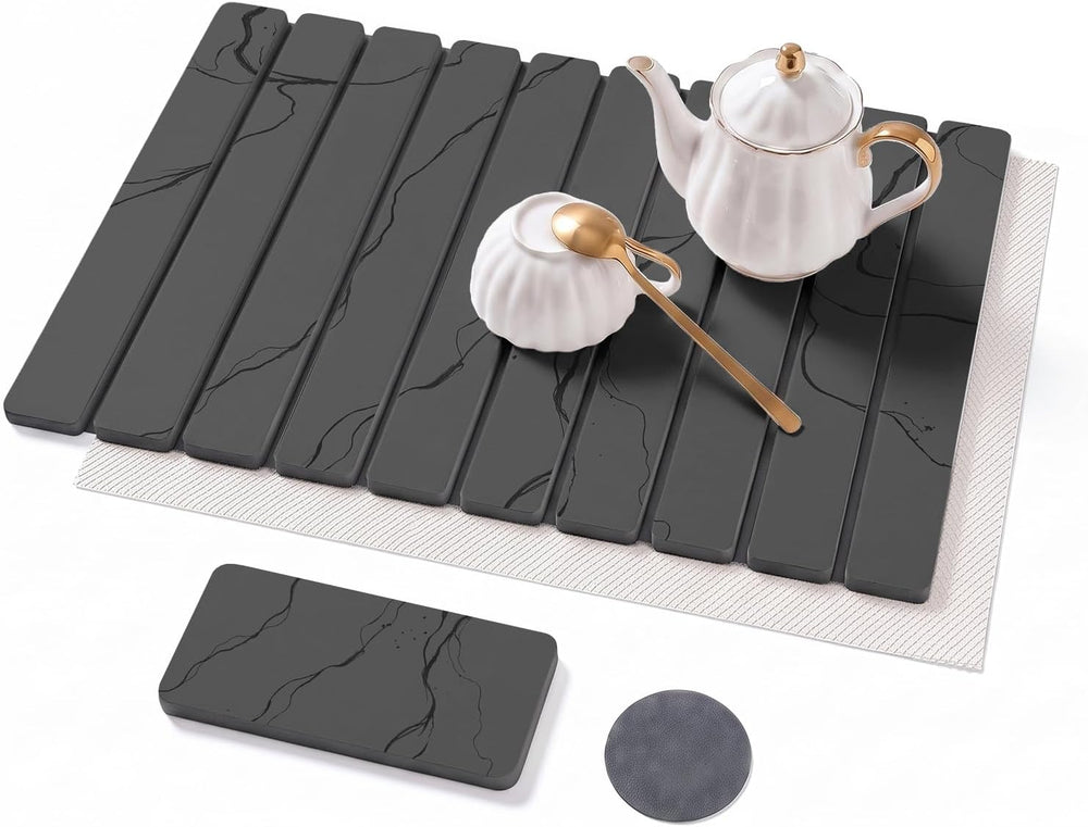 Large Stone Dish Drying Mat Set for Kitchen Counter Dark Gray Marble