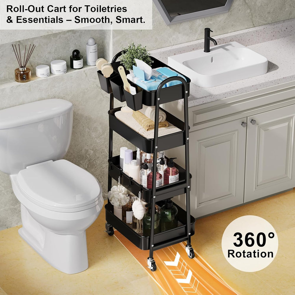 Black 4 Tier Rolling Cart Metal with Lockable Wheels,Four Tiered Dorm Carts