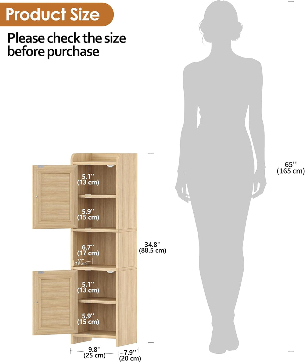 9.8''W Rattan Small Bathroom Storage Cabinet 2 Doors Oak