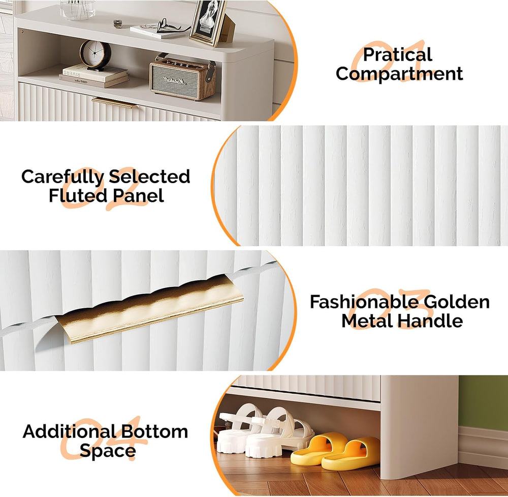 VINGLI White Slim Shoe Cabinet with Curved Edges, Modern Hidden Shoe Storage ...