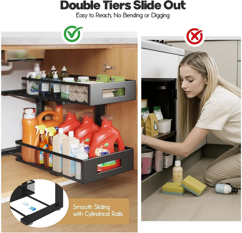 2 Packs 19IN Depth Under Sink Organizer, 2-Tier Pull Out Cabinet Organizer Wi...