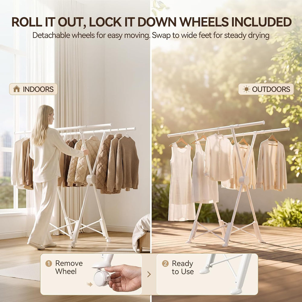 SUJI Clothes Drying Rack , Dual Rod with Wheels, Cream White Foldable