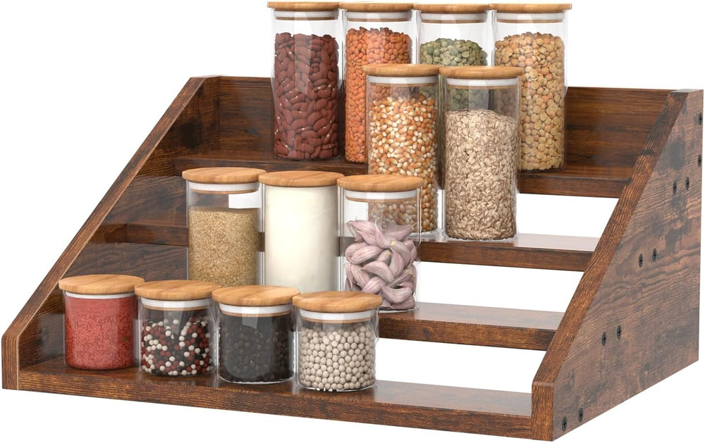 4 Step Spice Rack Organizer for Cabinet, Robust Wooden Display Riser Shelf Se...