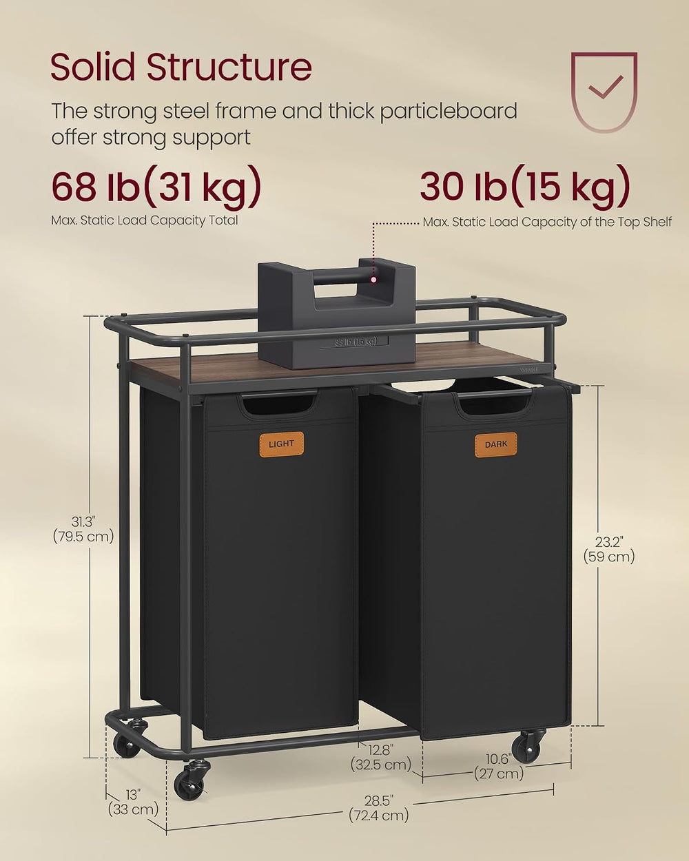 VASAGLE Laundry Sorter with Wheels, Portable Rolling Cart, 26.4 Gal.(100 L)