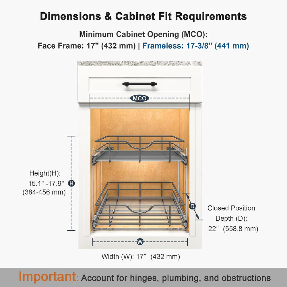 2 Tier Pull Out Cabinet Organizer - 17" W x 22" D Soft Close Slide ...
