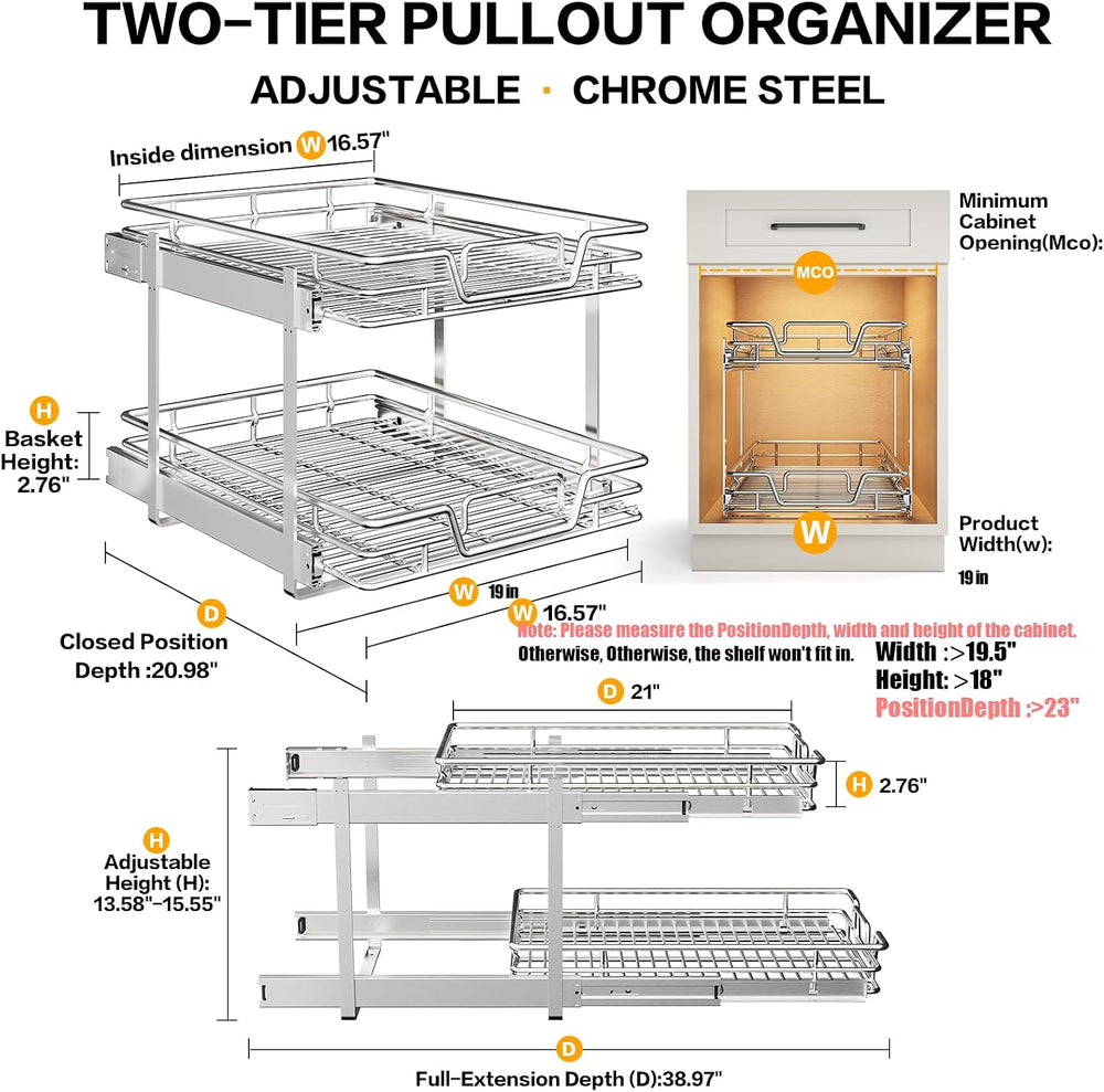 2-Tier Kitchen Cabinet Pull Out Shelf and Drawer Organizer Slide Out Pantry S...