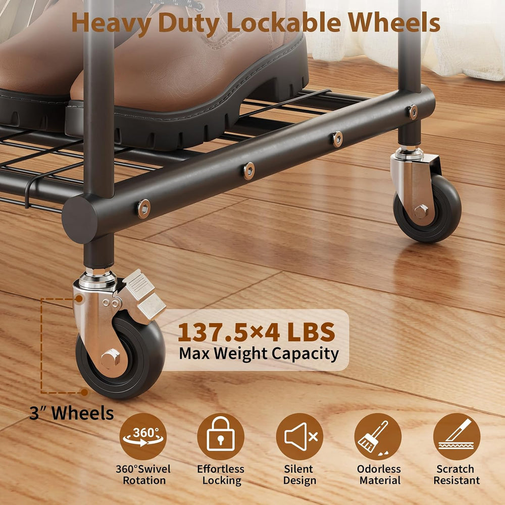 Double Rods Clothes Rack with Wheels, Heavy Duty Rolling Clothing Rack with S...