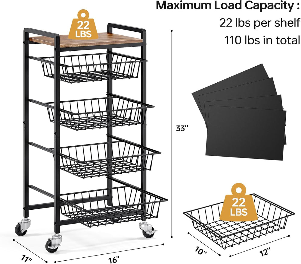 TOOLF 5 Tier Kitchen Storage Cart, Metal Utility Rolling Snack Cart