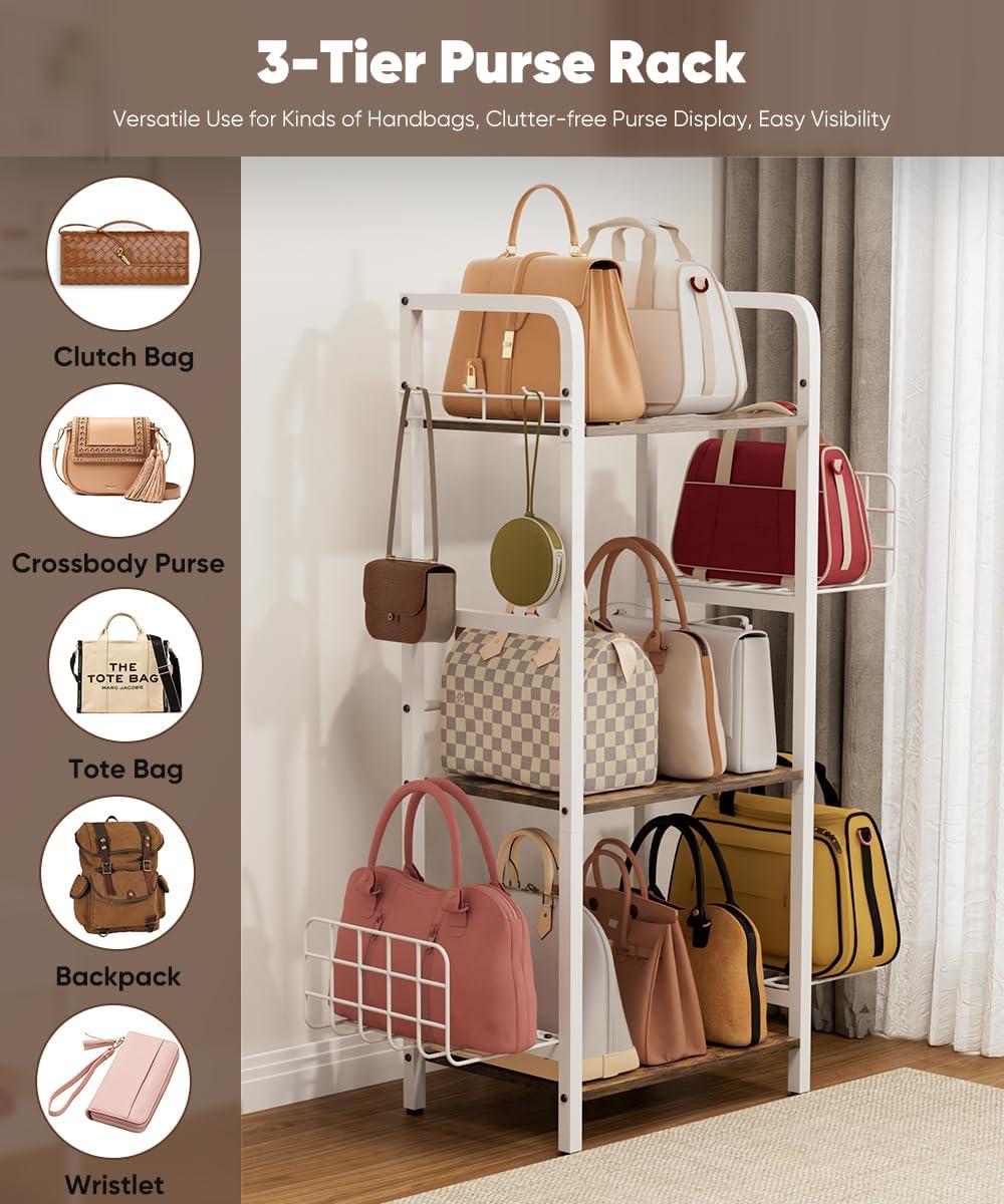 3-Tier Purse Organizer Rack, Iron & Wood Floor-Standing Bag Storage Holde...