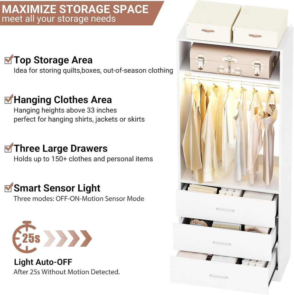 Besiost Closet System with Drawers & Sensor Light, White (Enclosed Storag...