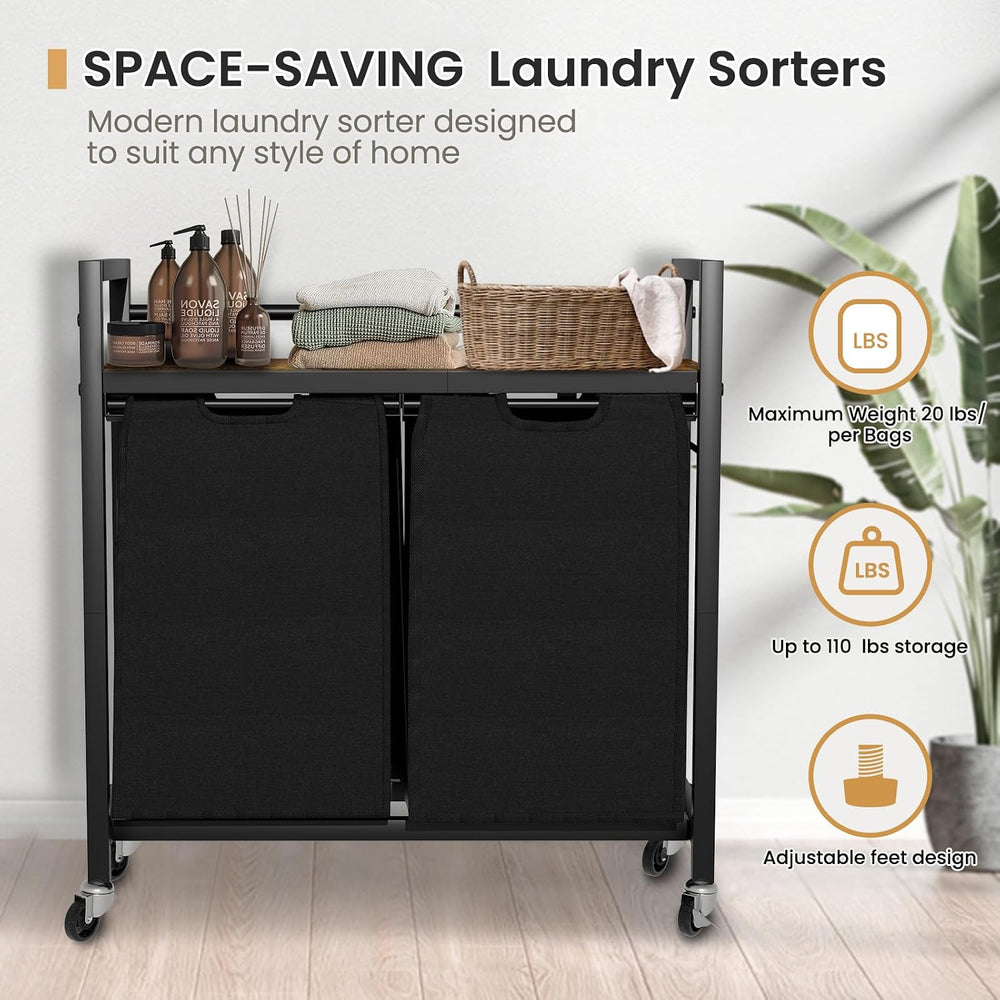 SwaaVee Laundry Sorter, Laundry Hamper with Wooden Top Shelf, 2×14.5Gal(110L)...