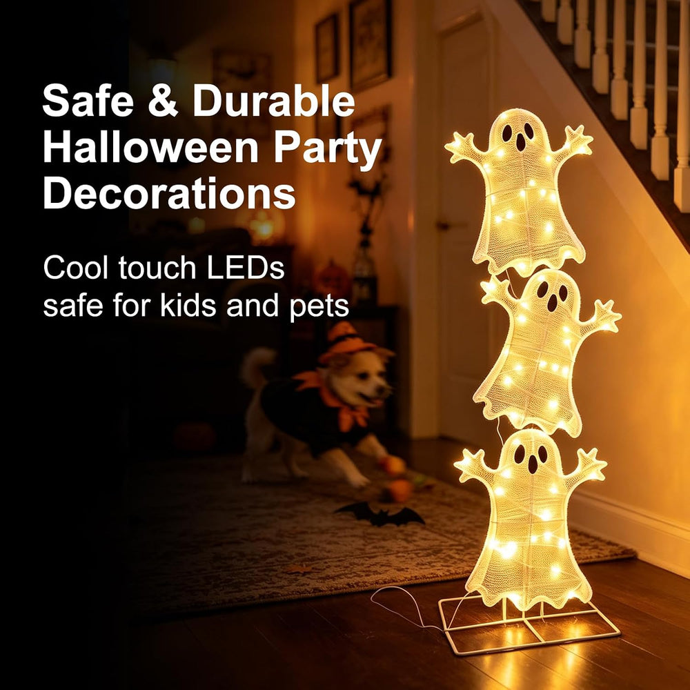 Halloween Decorations Lighted 3 Stacked Ghosts, Freestanding LED Ghost Yard S...
