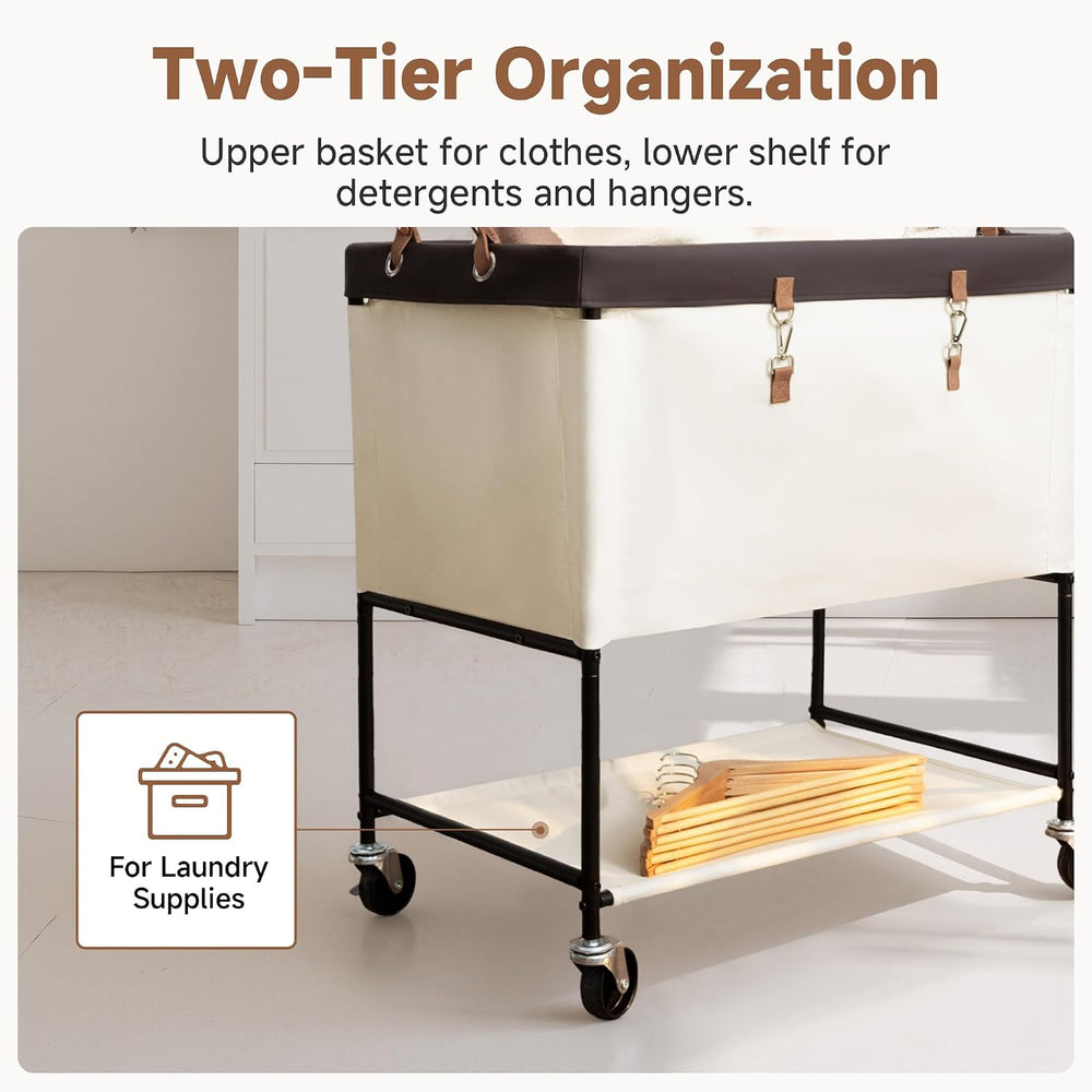 StorageWorks Laundry Cart, 2 Tier Rolling Basket with Wheels, 46 Gal, Beige