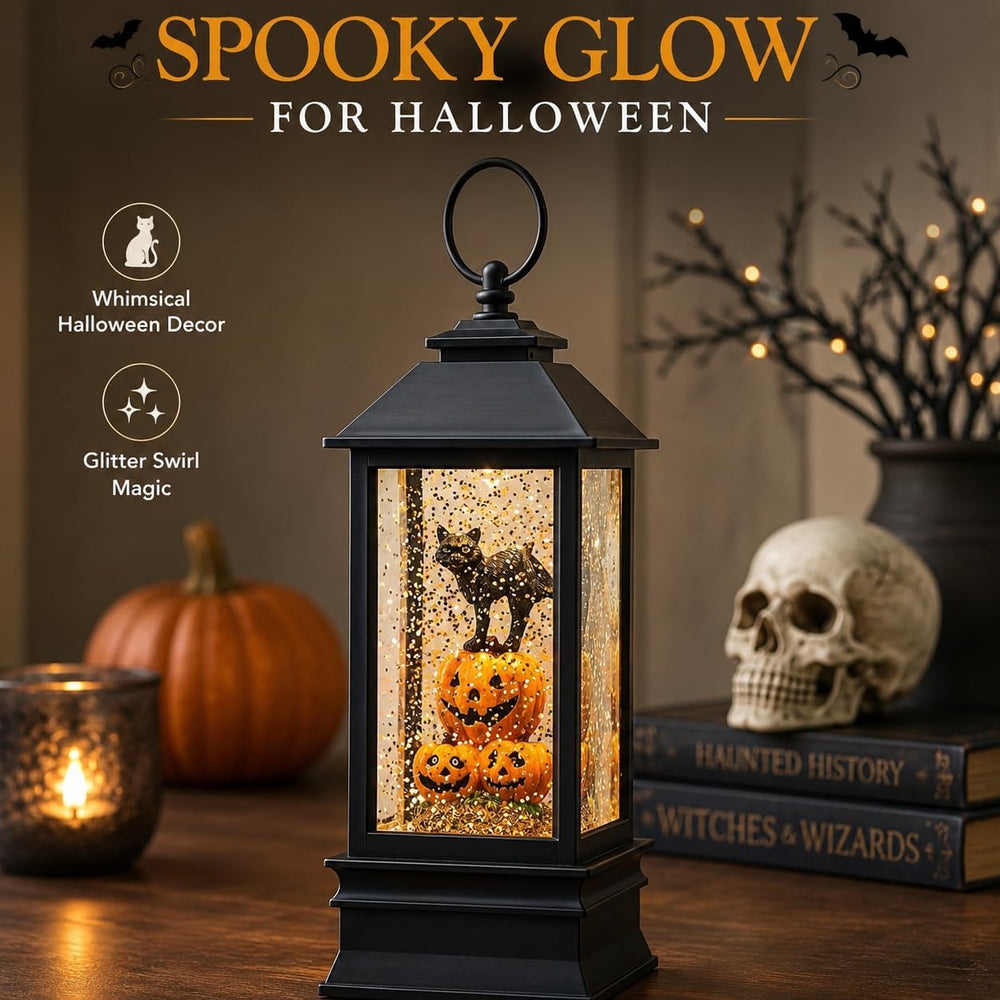 Halloween Snow Globe Lantern Water Glittering Spooky Witch' s Black Cat i...