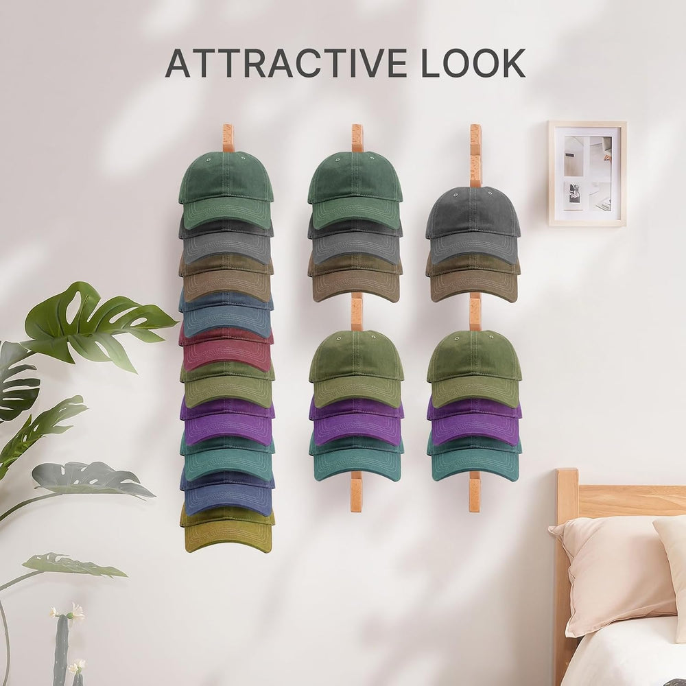 3 Pack Beech Wood Hat Rack for Wall – 10 Hooks Baseball Cap Organizer | Verti...