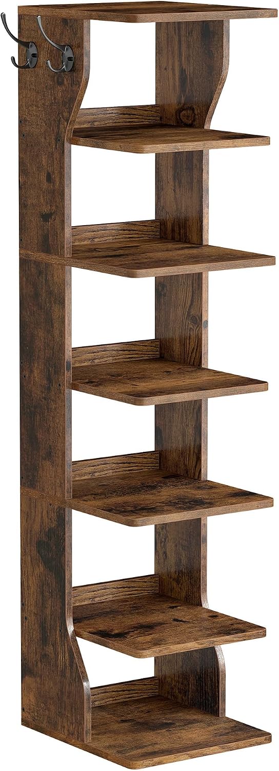VASAGLE 7-Tier Vertical Shoe Rack, Narrow Shoe Storage Organizer with Hooks