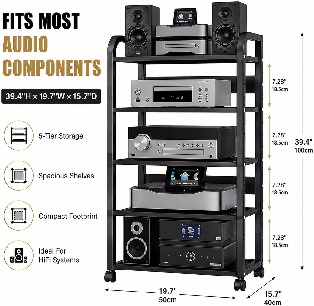 5 Tier Av Media Stand with Wheels, 39in Adjustable Audio Rack