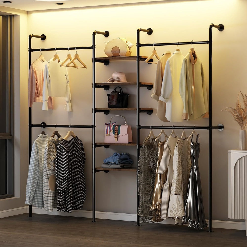 Industrial Pipe Clothing Racks with 5 Shelves, Wall Mounted Clothes Rack for ...