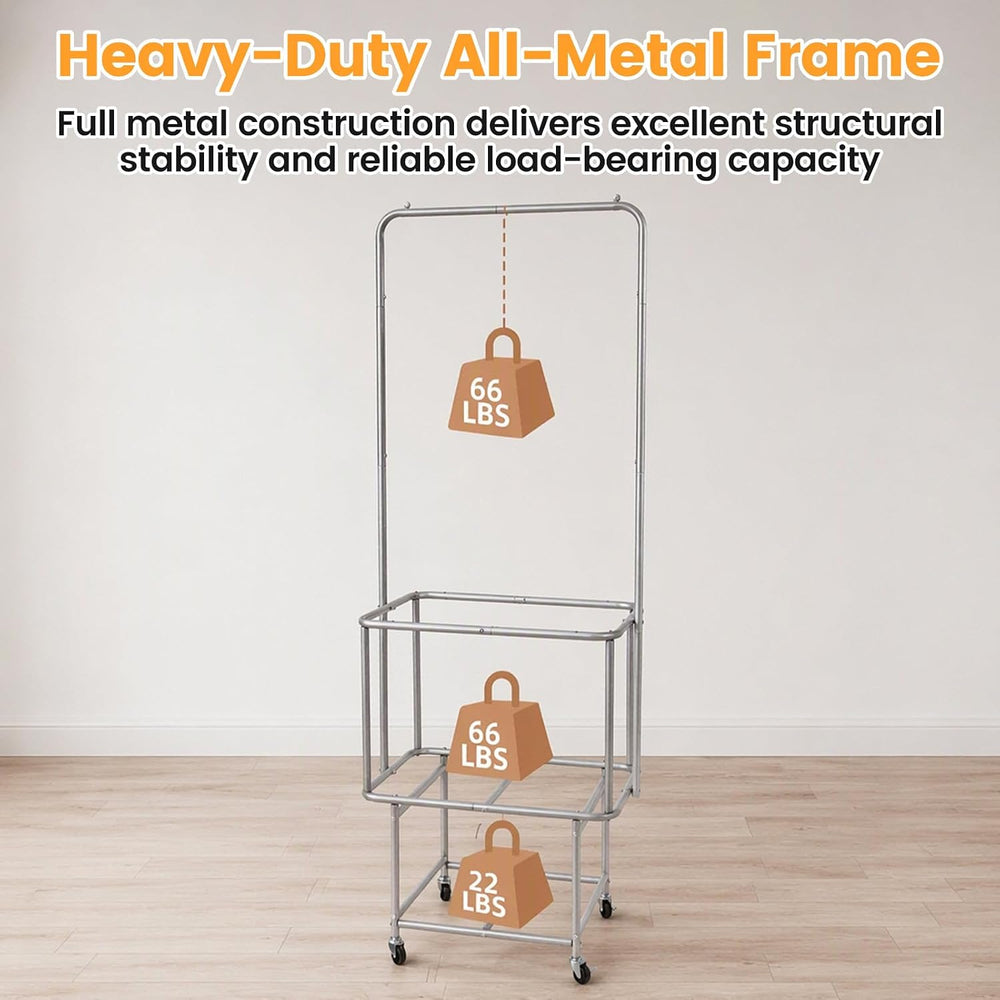 Rolling Laundry Cart 110L With Hanging Bar & Storage Shelf, Beige