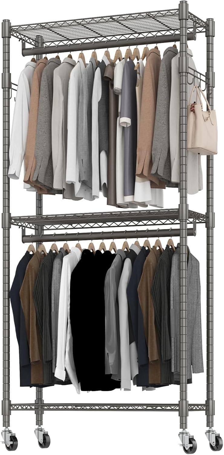BATHWA Clothes Rack Rolling Narrow 2 tier Garment Rack for Hanging Clothes， S...