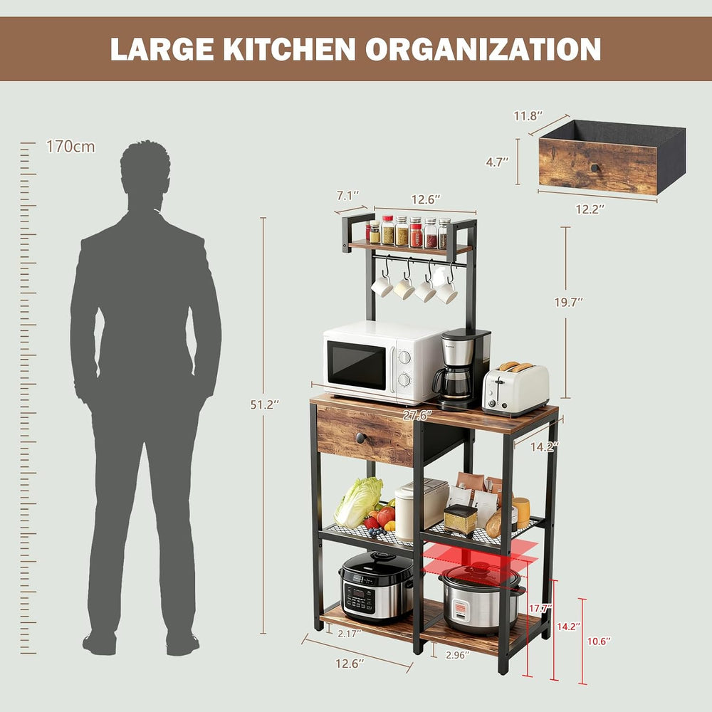 Kitchen Bakers Rack with Drawer,6 Tier Microwave Stand with Hooks