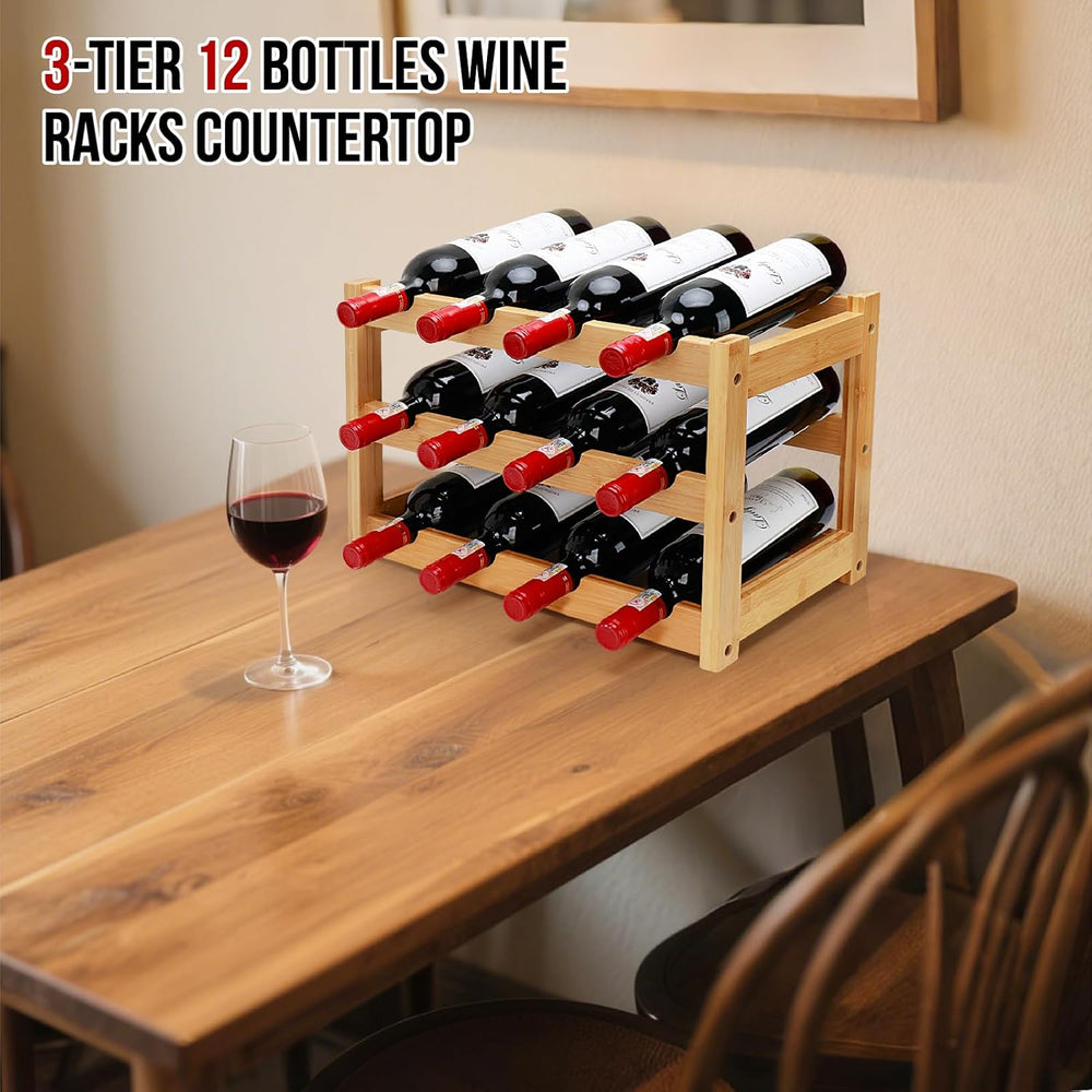 Bamboo Wine Rack, 3-Tier 12 Bottles Wine Storage Cabinet Shelf