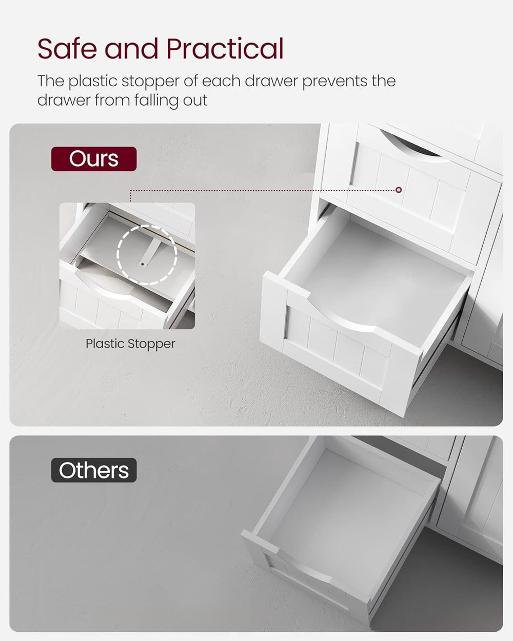 VASAGLE Bathroom Floor Storage Cabinet, 3 Drawers, Cloud White