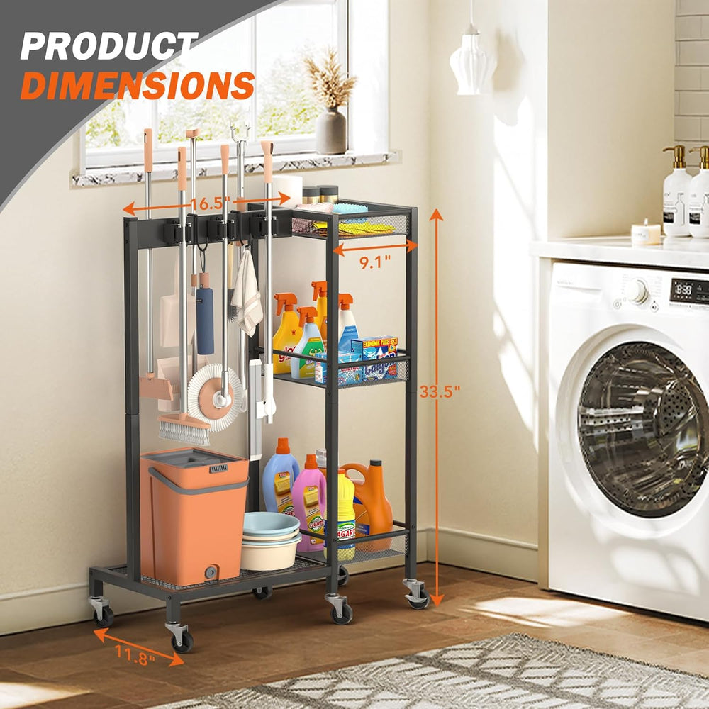 Broom Holder with Cleaning Supplies Organizer, Broom Closet Storage Cabinet w...