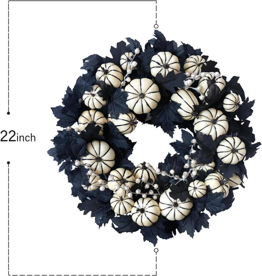 22inch Halloween Wreath Black Maple Leaf Wreaths White Pumpkin Wreath Holiday...