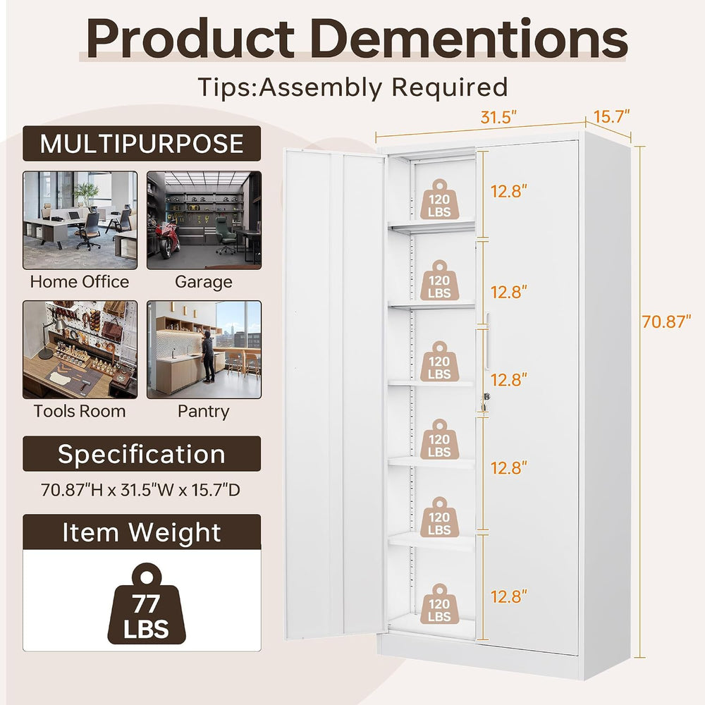 71" H Metal Storage Cabinet with Lock, White Garage Cabinets with 2 Door...