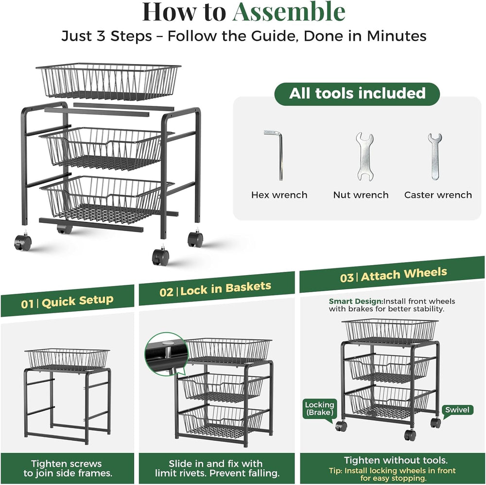 3-Tier Pull-Out Rolling Pantry Floor Organizer and Storage Cart with Wheels