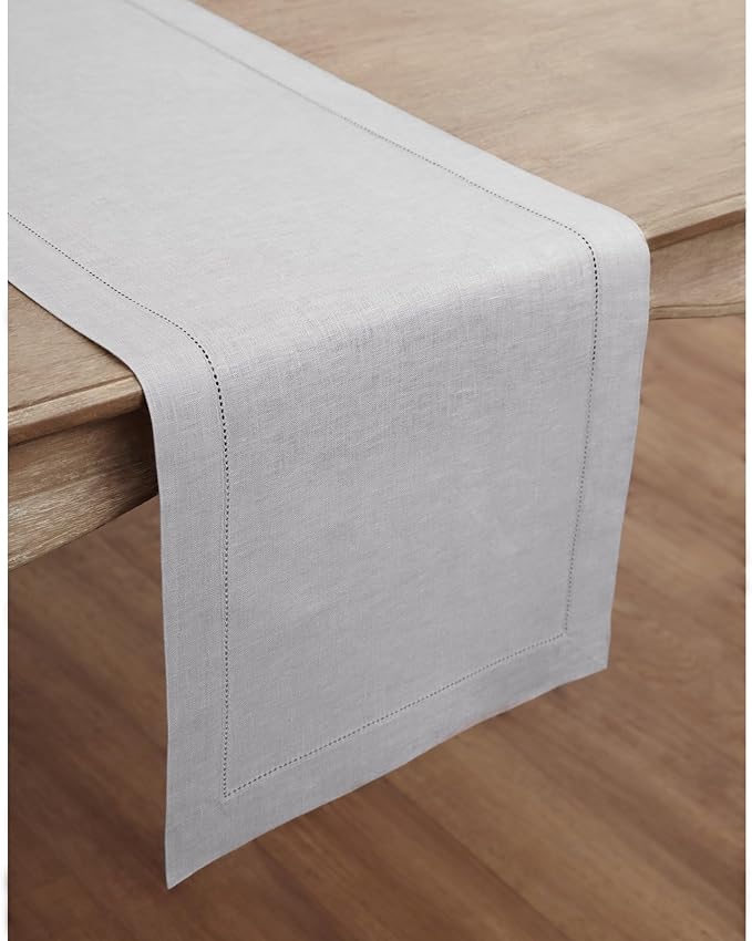 Solino Home Linen Soft Grey Table Runner 36 Inches - Classic Hemstitch, 100% ...