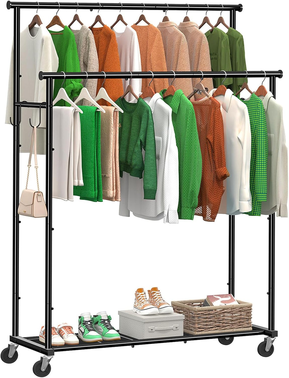 Ekisemio Double Rods Clothes Rack with Wheels Load 400 LBS, 45 Inch Rolling C...