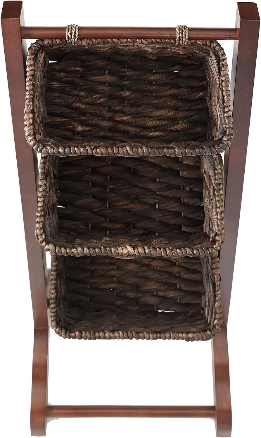 Casafield 3-Tier Floor Stand with Water Hyacinth Storage Baskets, Walnut/Espr...